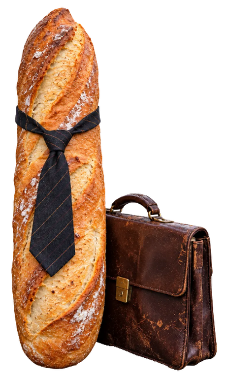 Breadwinner, a crusty baguette wearing a dark pinstripe tie, standing beside a worn brown leather briefcase