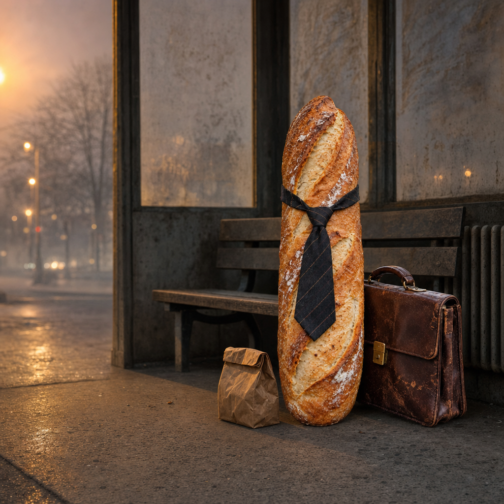 Breadwinner waiting at a misty bus shelter at dawn, beside a bench, a radiator, a paper lunch bag and his briefcase
